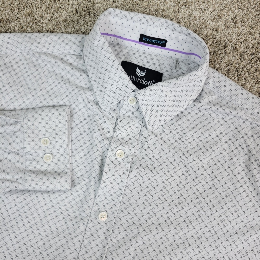 Buttercloth Icy Cotton Mens Large White AOP Geometric Performance Button Up LS